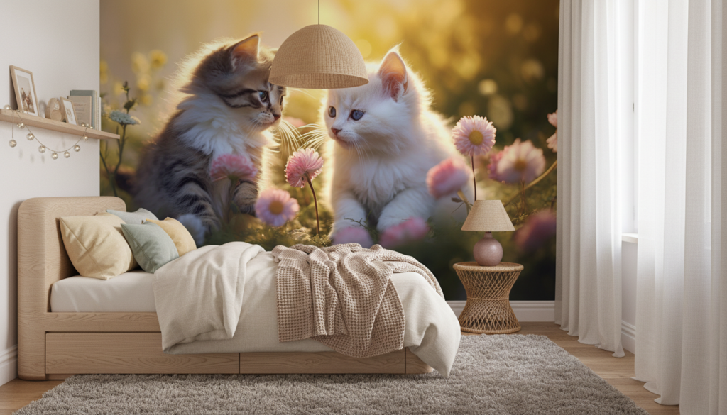 Adorables chatons dans un champ de marguerites au coucher du soleil - Chambre enfant