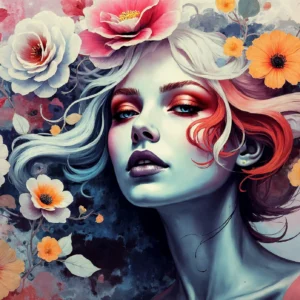 Papier peint artistique femme aux fleurs colorées style aquarelle