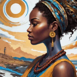 Portrait Femme Africaine Paysage Côtier Coucher Soleil Spirituel