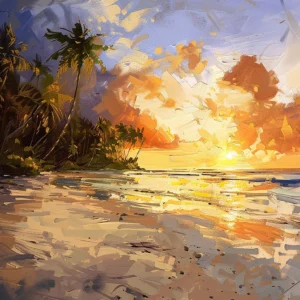 Papier Peint Plage Tropicale Coucher de Soleil Palmiers Dorés