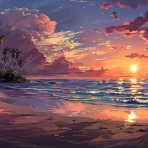 Coucher de soleil tropical sur plage avec palmiers paradisiaque