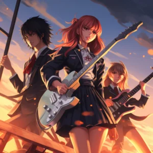 Papier Peint Anime Band Musical Étudiants Guitares Coucher Soleil