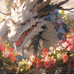 Papier peint dragon fantastique entouré de fleurs colorées style japonais