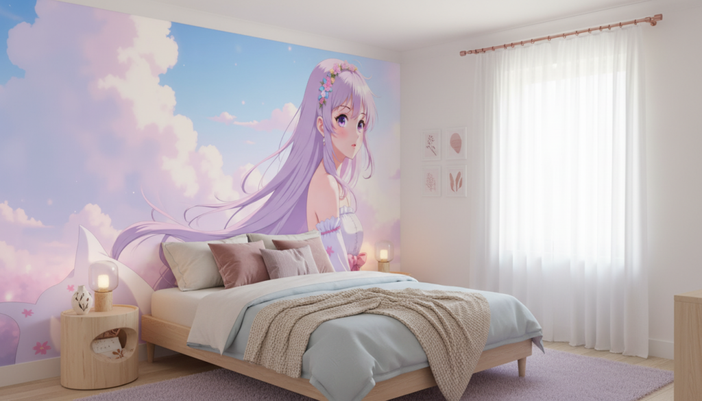 Anime Girl aux Cheveux Violets et Fleurs dans Ciel Pastel - Chambre ado