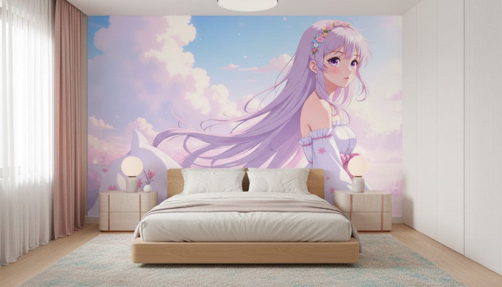 Anime Girl aux Cheveux Violets et Fleurs dans Ciel Pastel - Chambre adulte