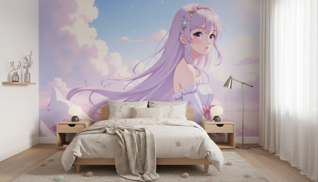 Anime Girl aux Cheveux Violets et Fleurs dans Ciel Pastel - Chambre enfant