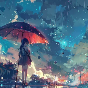 Papier peint anime fille parapluie pluie urbain fantastique coloré