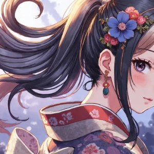 Papier peint anime jeune femme kimono fleurs cerisier style japonais