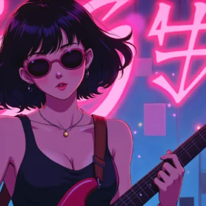 Papier Peint Cyberpunk Anime Femme Guitariste Néons Roses