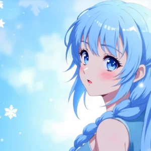 Papier peint anime fille aux cheveux bleus flocons neige