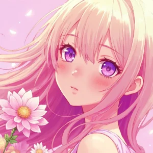 Papier peint anime fille blonde aux yeux violets avec fleurs roses