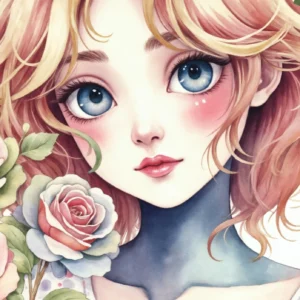 Papier Peint Portrait Fillette Romantique aux Roses Pastel Aquarelle