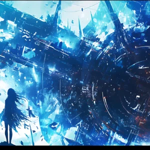 Papier Peint Futuriste Bleu Silhouette Féminine Destruction Urbaine