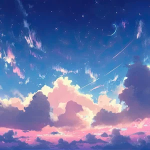 Papier Peint Ciel Étoilé aux Nuages Roses et Bleus Fantastiques