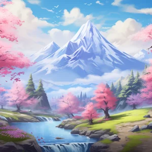 Paysage Japonais Mont Fuji Cerisiers en Fleurs Cascade Zen