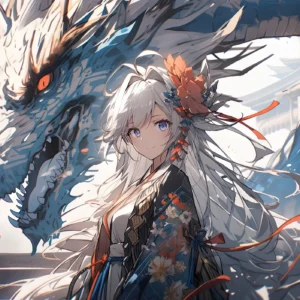 Dragon Asiatique et Jeune Femme aux Cheveux Blancs Style Anime