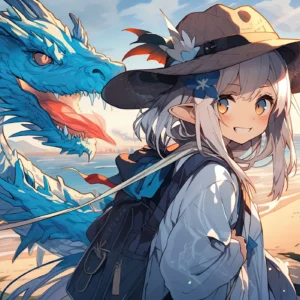 Aventurière Anime et Dragon Bleu sur Plage Tropicale au Coucher du Soleil