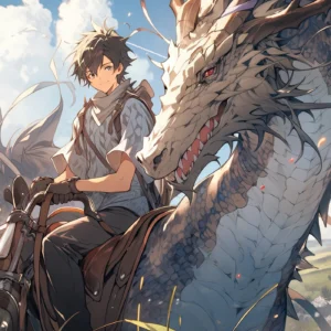 Papier peint fantasy dragon et cavalier aventure épique manga