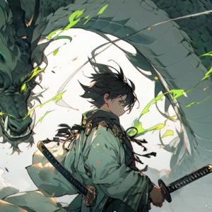 Papier peint anime samouraï et dragon vert mystique épique