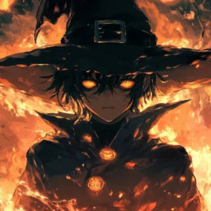 Papier peint anime sorcier mystique flammes oranges ambiance gothique dark