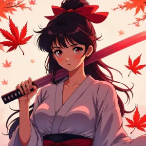 Papier Peint Anime Samouraï Feuilles d'Érable Rouge Automne Japonais