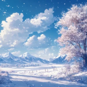 Paysage hivernal romantique aux cerisiers en fleurs sous la neige