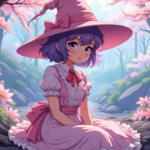 Papier peint anime fillette sorcière dans forêt fleurie rose et violet