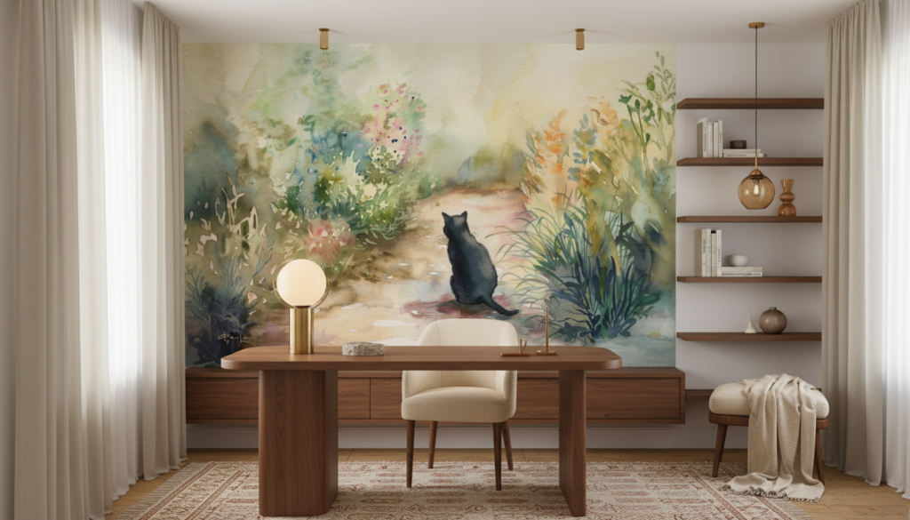 Aquarelle Chat Noir dans Jardin Fleuri Atmosphère Bucolique - Bureau