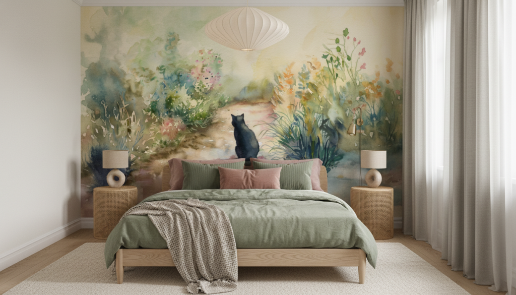 Aquarelle Chat Noir dans Jardin Fleuri Atmosphère Bucolique - Chambre adulte