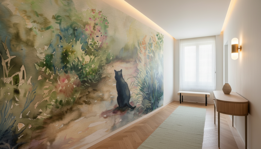 Aquarelle Chat Noir dans Jardin Fleuri Atmosphère Bucolique - Couloir