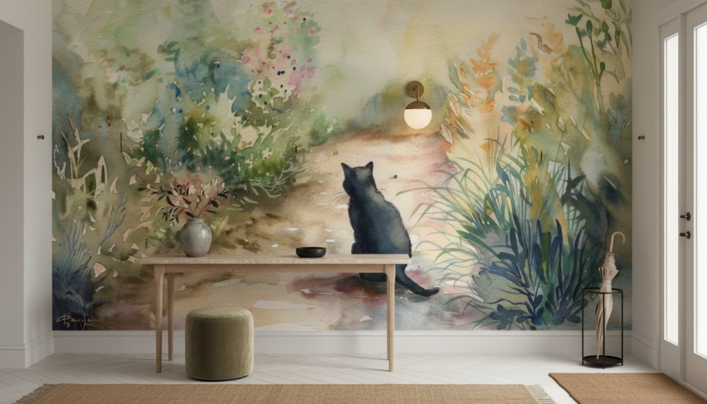 Aquarelle Chat Noir dans Jardin Fleuri Atmosphère Bucolique - Entrée