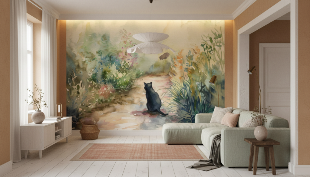 Aquarelle Chat Noir dans Jardin Fleuri Atmosphère Bucolique - Salon / Séjour