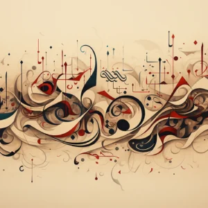 Papier peint abstrait aux volutes ornementales beiges et bordeaux