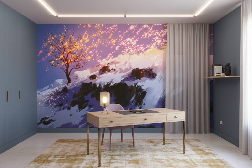 Arbre Magique sur Montagne Enneigée au Coucher de Soleil - Bureau