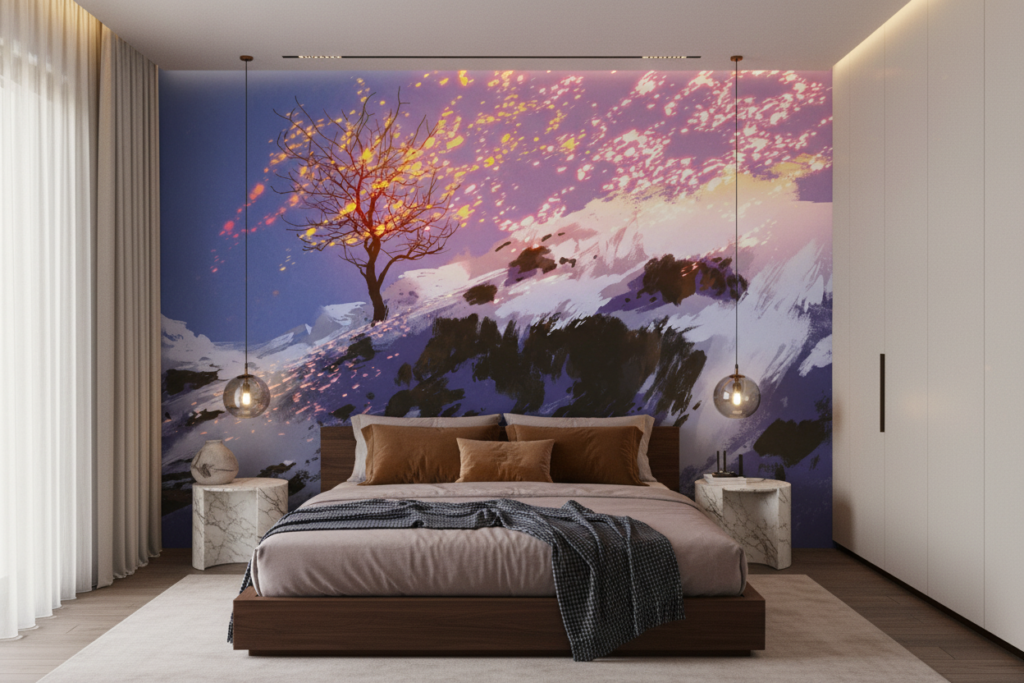 Arbre Magique sur Montagne Enneigée au Coucher de Soleil - Chambre adulte