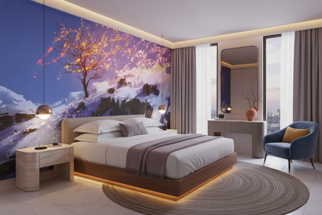 Arbre Magique sur Montagne Enneigée au Coucher de Soleil - Hôtel