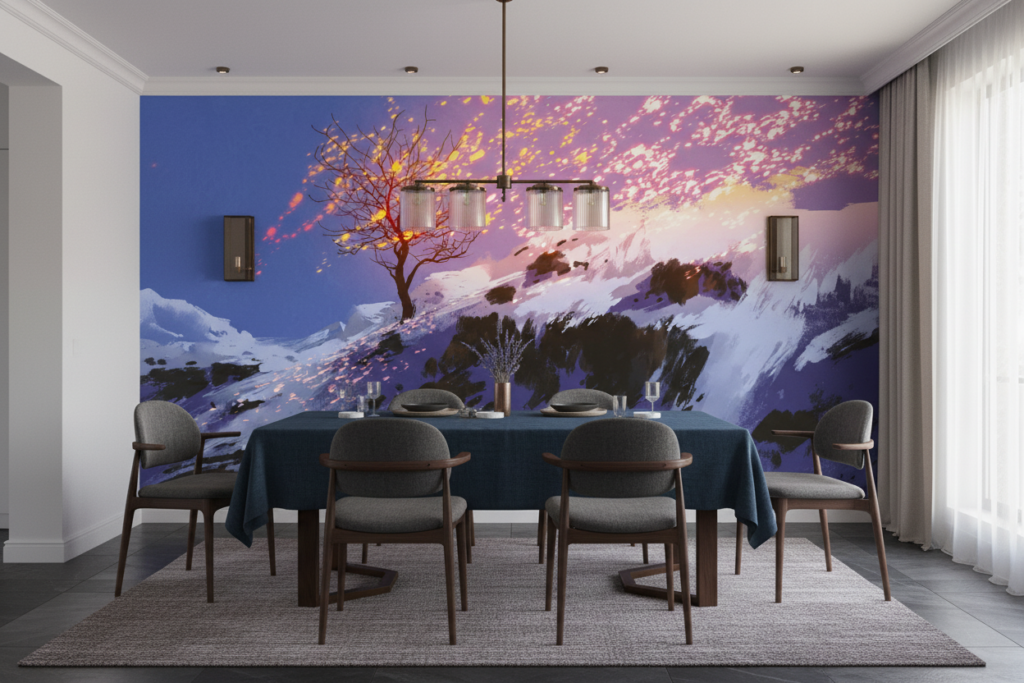 Arbre Magique sur Montagne Enneigée au Coucher de Soleil - Salle à manger