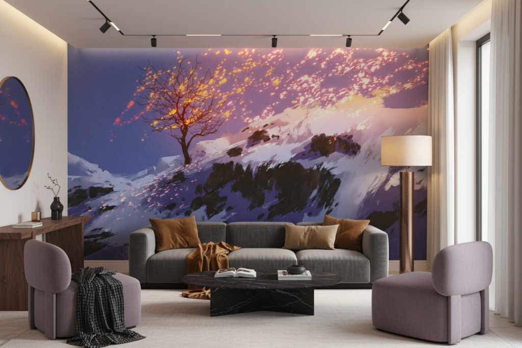 Arbre Magique sur Montagne Enneigée au Coucher de Soleil - Salon / Séjour