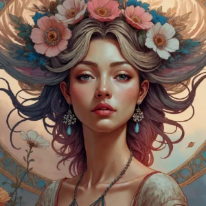 Papier Peint Art Nouveau Femme Élégante Couronne de Fleurs