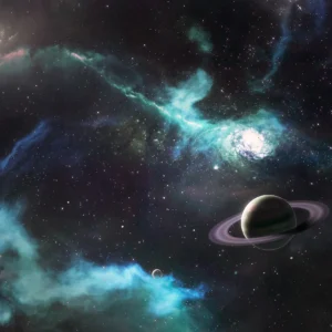 Papier Peint Cosmos Mystique avec Planète Saturne et Nébuleuses Turquoise