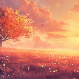 Papier peint paysage automnal coucher de soleil arbre doré romantique