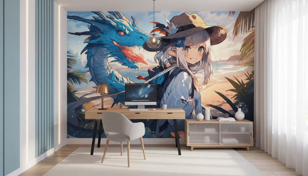 Aventurière Anime et Dragon Bleu sur Plage Tropicale au Coucher du Soleil - Bureau