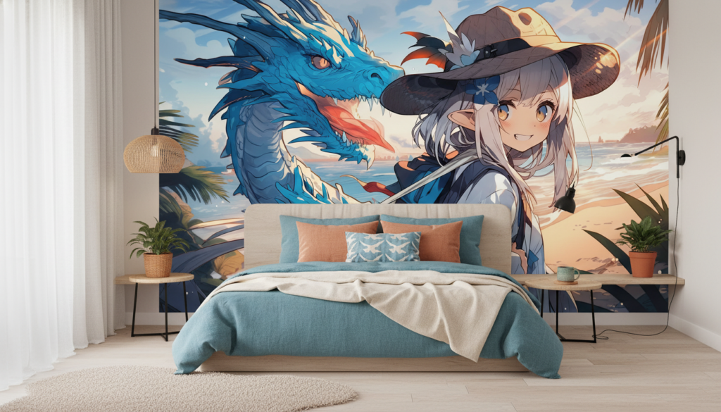 Aventurière Anime et Dragon Bleu sur Plage Tropicale au Coucher du Soleil - Chambre ado