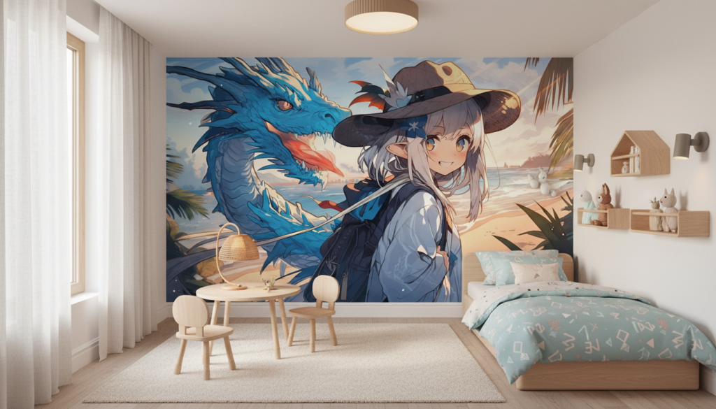 Aventurière Anime et Dragon Bleu sur Plage Tropicale au Coucher du Soleil - Chambre enfant