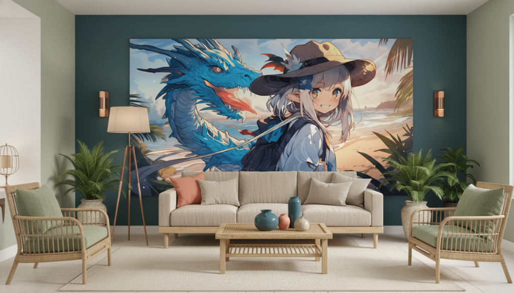 Aventurière Anime et Dragon Bleu sur Plage Tropicale au Coucher du Soleil - Salon / Séjour