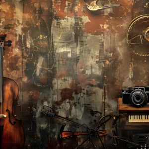 Papier Peint Musical Vintage avec Instruments Acoustiques sur Fond Grunge