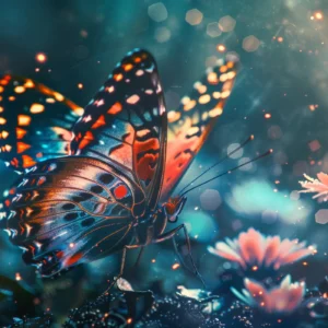 Papillon Fantastique aux Ailes Multicolores sur Fond Onirique Lumineux