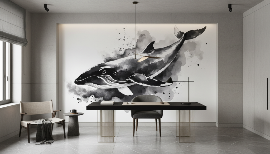 Baleine à bosse artistique en aquarelle noire et grise océanique - Bureau