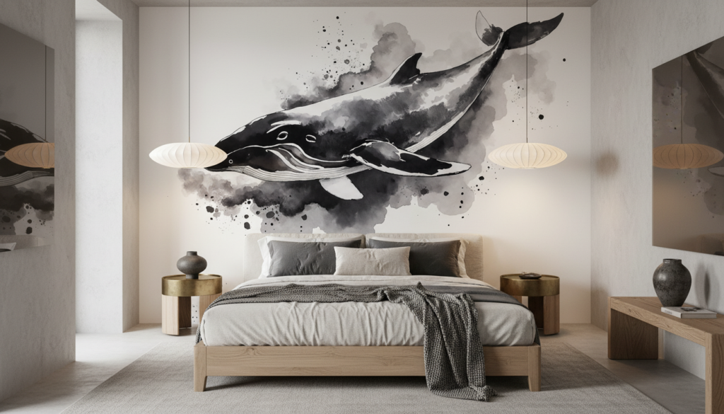 Baleine à bosse artistique en aquarelle noire et grise océanique - Chambre adulte