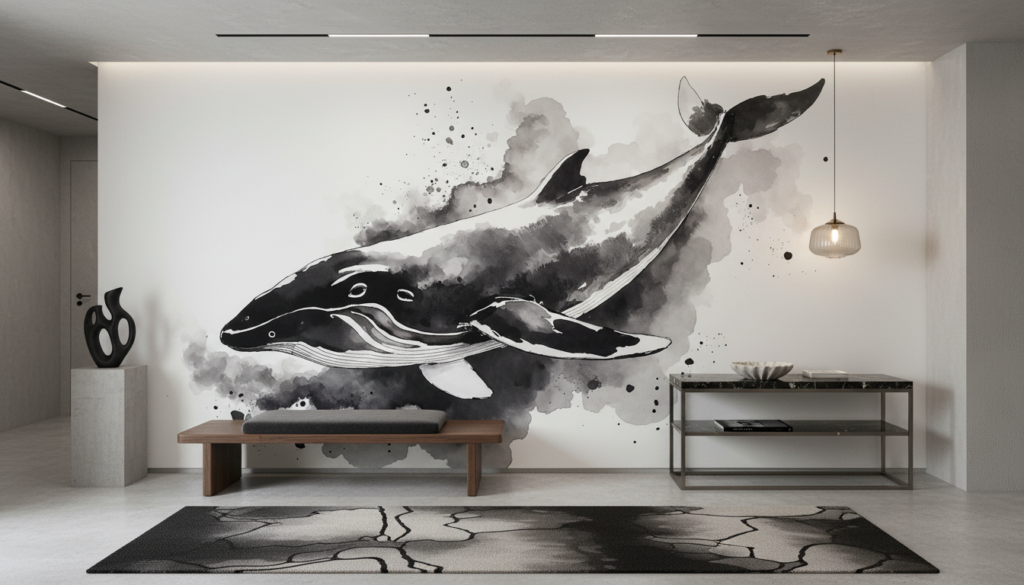 Baleine à bosse artistique en aquarelle noire et grise océanique - Entrée